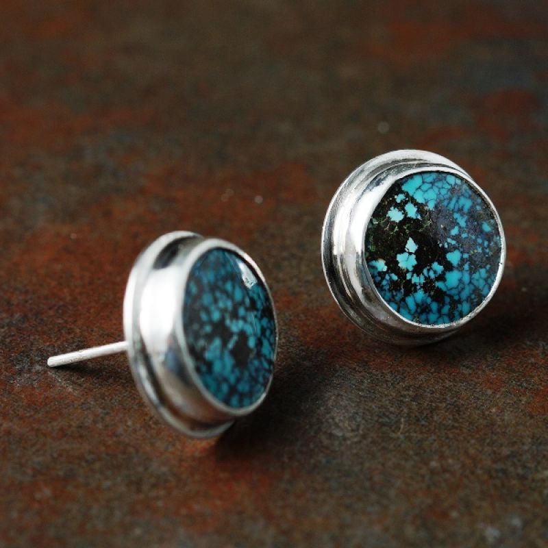 Handcrafted contemporary sterling silver bezel set Tibetan Turquoise studs Joolzery December prize giveaway