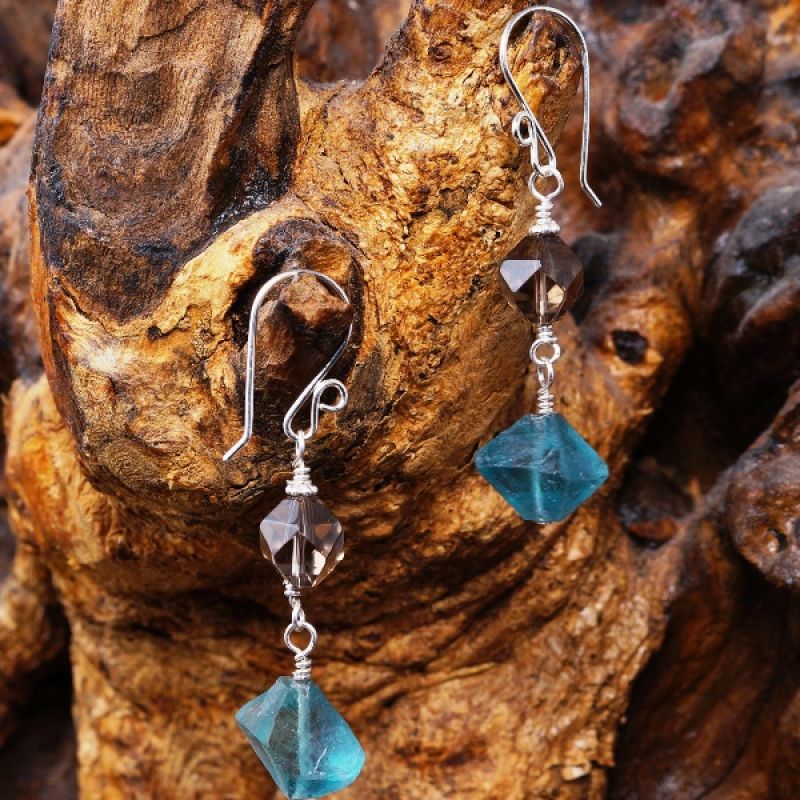 These one of a kind Smokey Quartz Teal Fluorite dangle earrings encapsulates the ethos of the Wabi Sabi earring collection of imperfectly perfect, with its cubed polished and organic octagonal beads, 