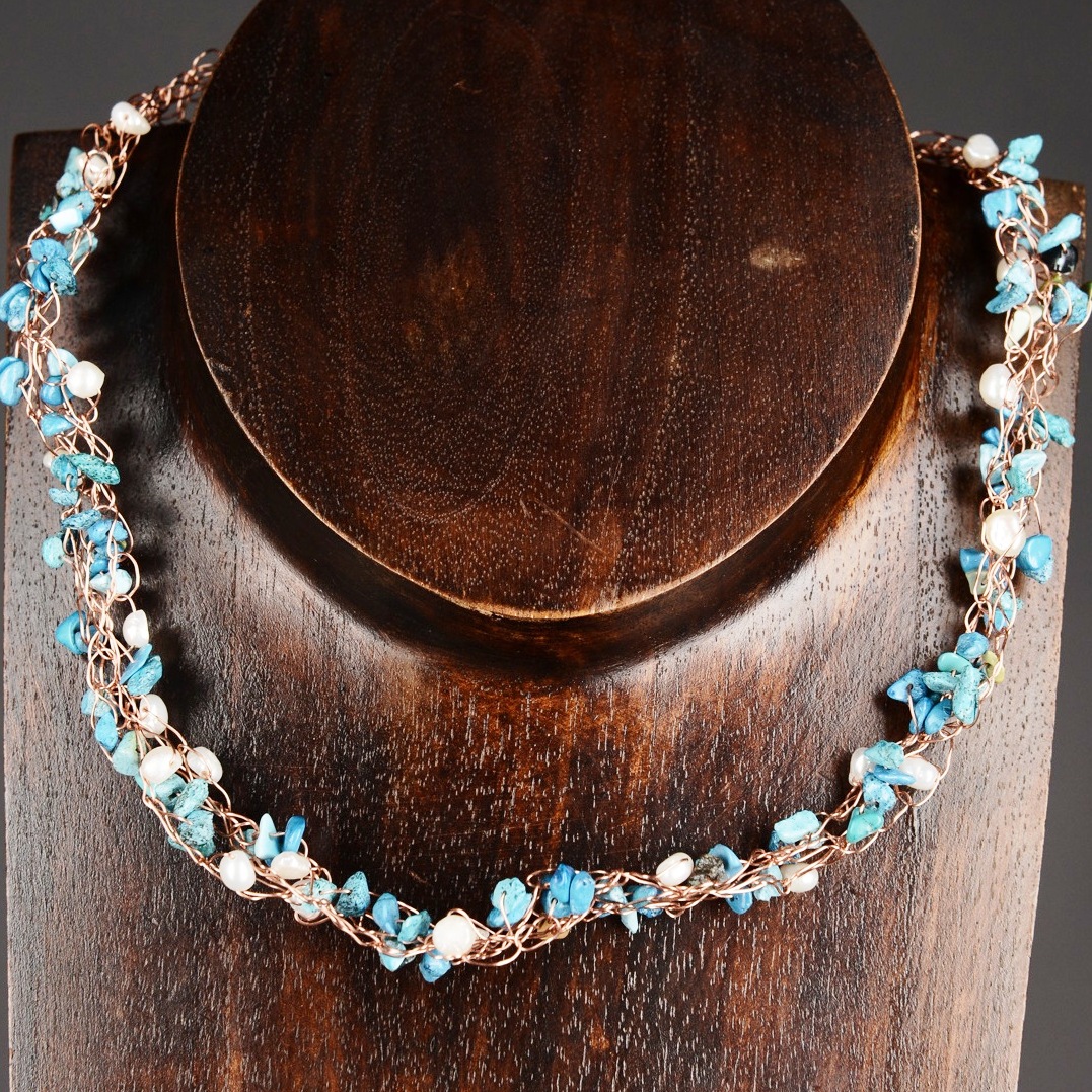 Turquoise and Freshwater Pearl Crocheted Necklace