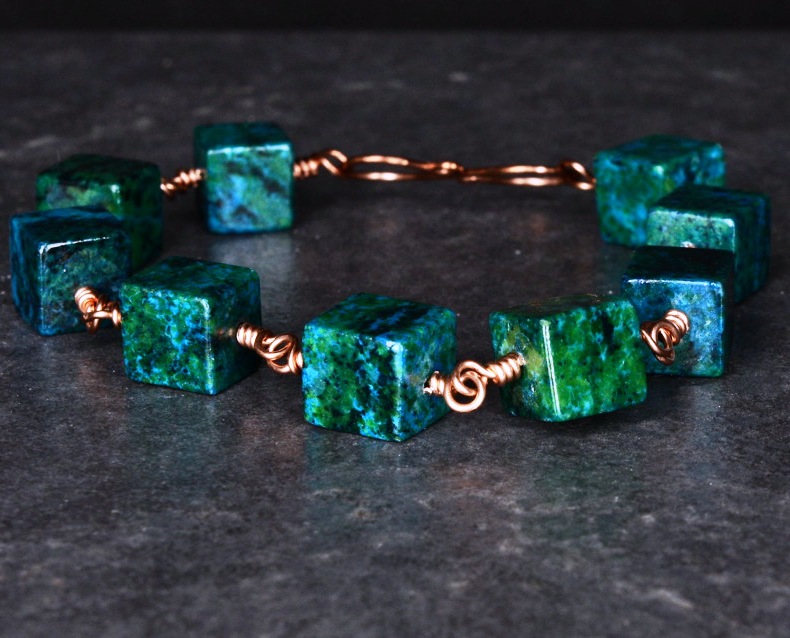 Copper Wire Wrapped Azurite Chrysocolla Bracelet