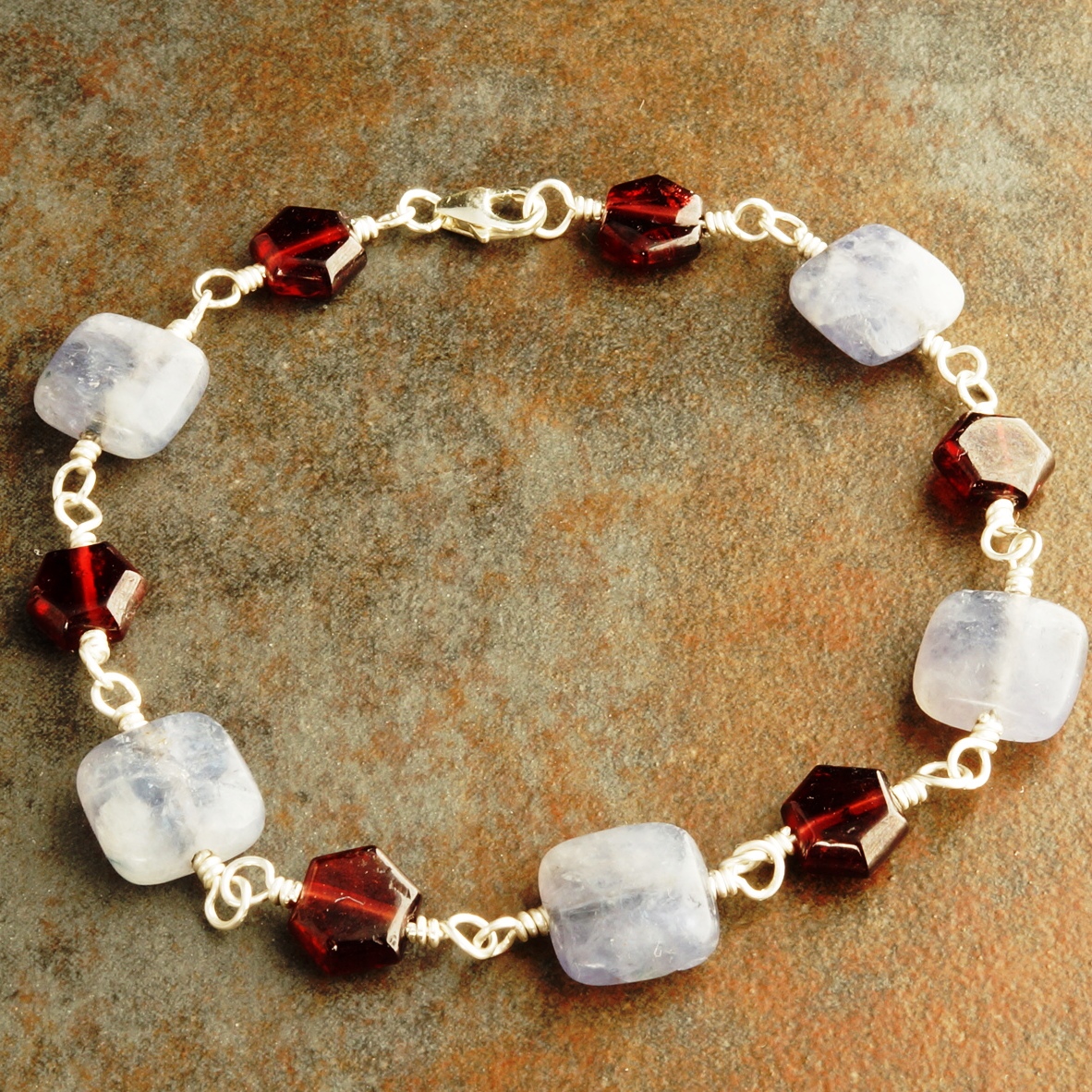 Handmade Sterling Silver Garnet Iolite Bracelet