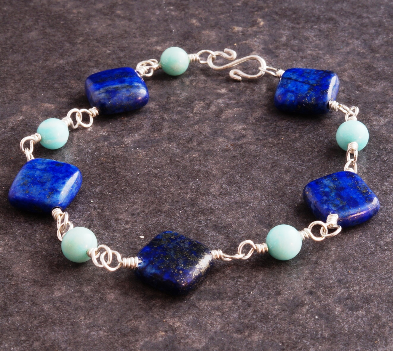 Handmade Sterling Silver Lapis Lazuli and Larimar Bracelet