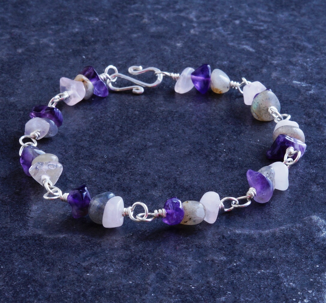 Handmade Sterling Silver Labrodite Moonstone Amethyst Bracelet