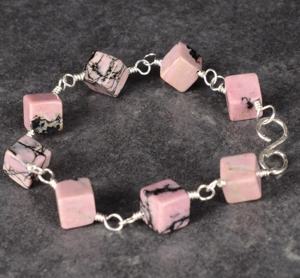 Handmade Sterling Silver Diamond Rhodonite Bracelet