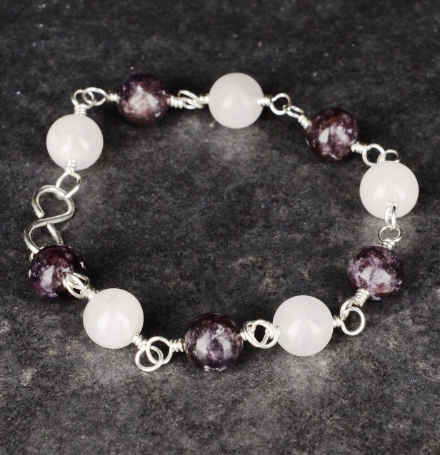 Handmade sterling silver Rose Quartz Lepidolite Peace and Love Bracelet