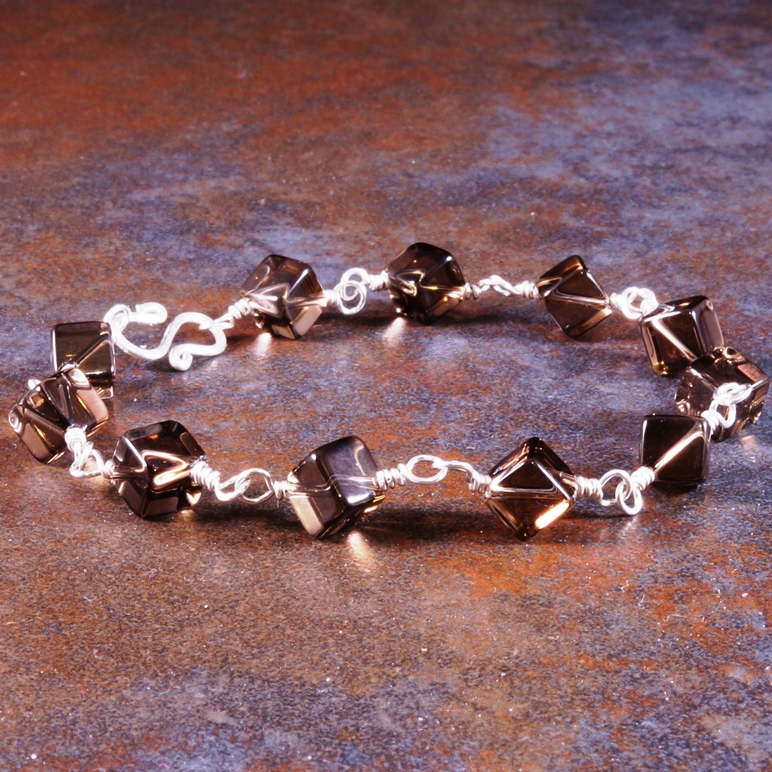 Handmade Sterling Silver Smokey Quartz Cubed Bracelet