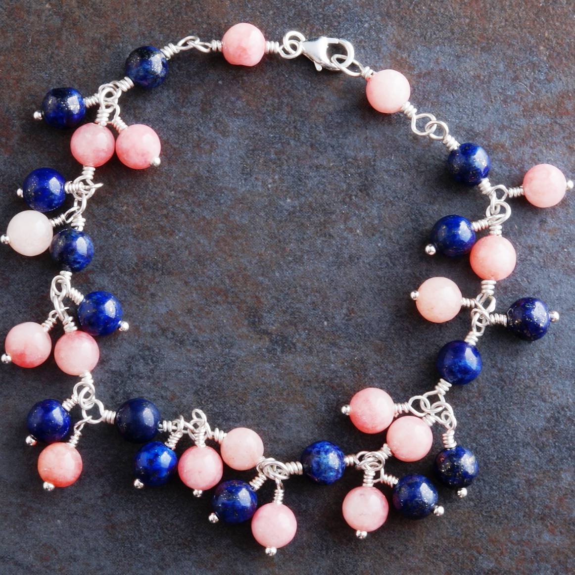 Handmade Sterling Silver Lapis Lazuli Rhodochrosite Charm Bracelet