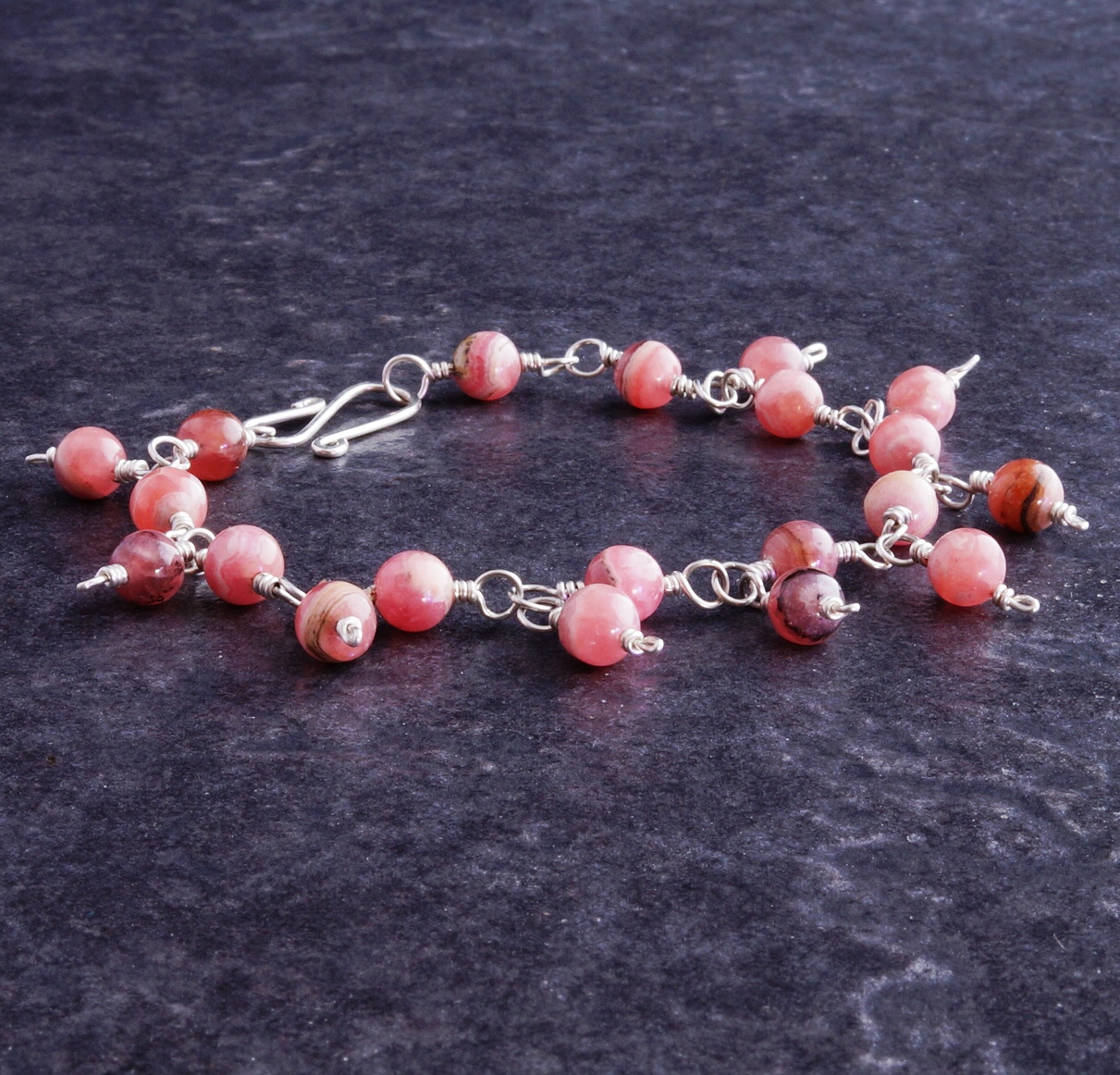 Handmade Sterling Silver Rhodochrosite Charm Bracelet