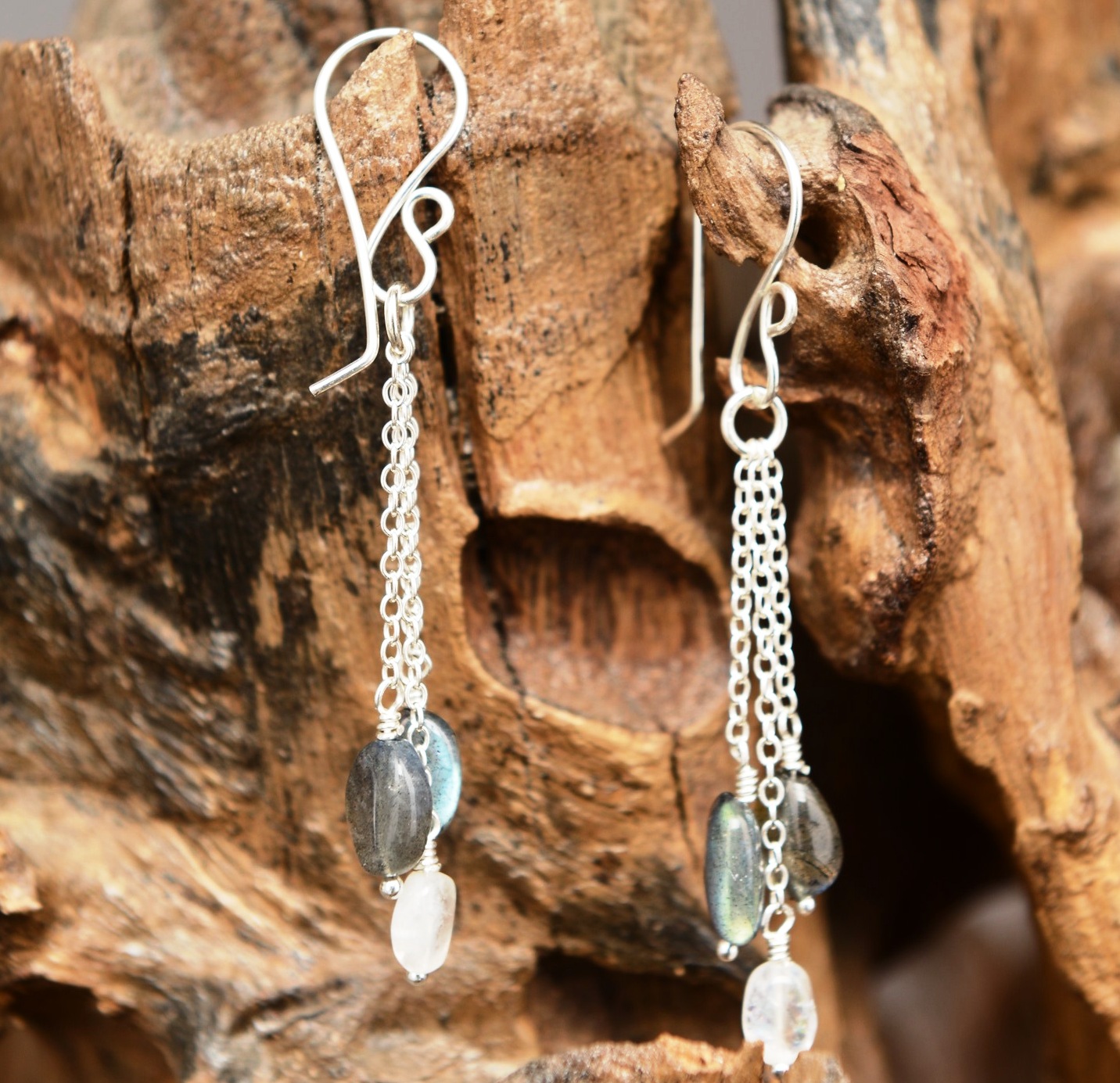 Handmade Sterling Silver Chain Labradorite Rainbox Moonstone Earrings