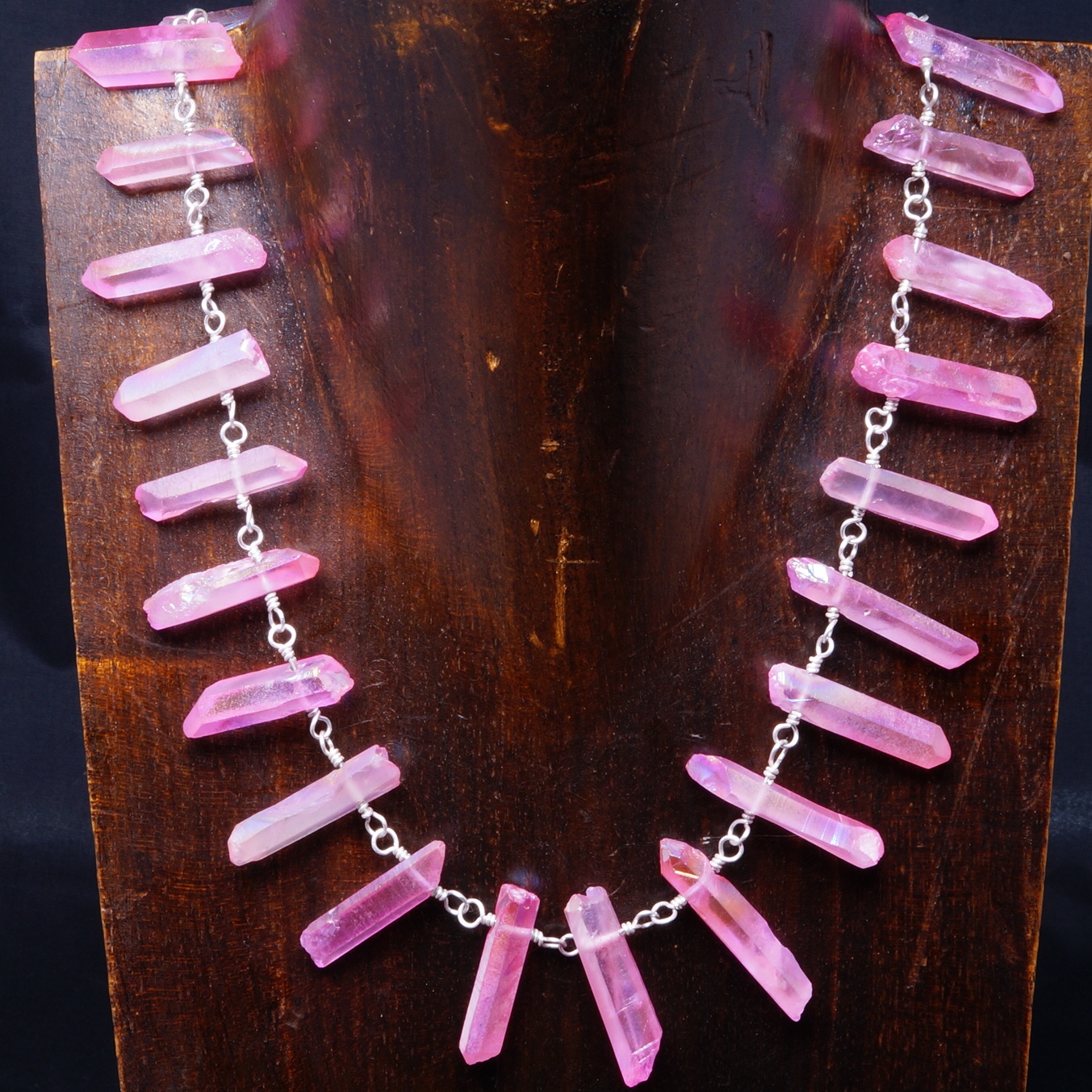 Handmade Sterling Silver Pink Mystic Quartz Points Choker