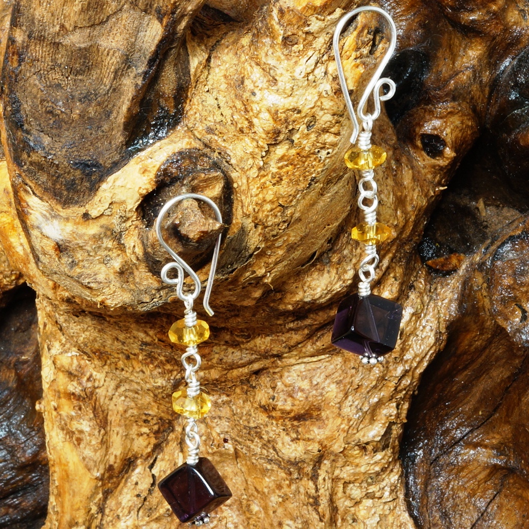 Handmade Sterling Silver Amethyst Citrine Dangle Earrings