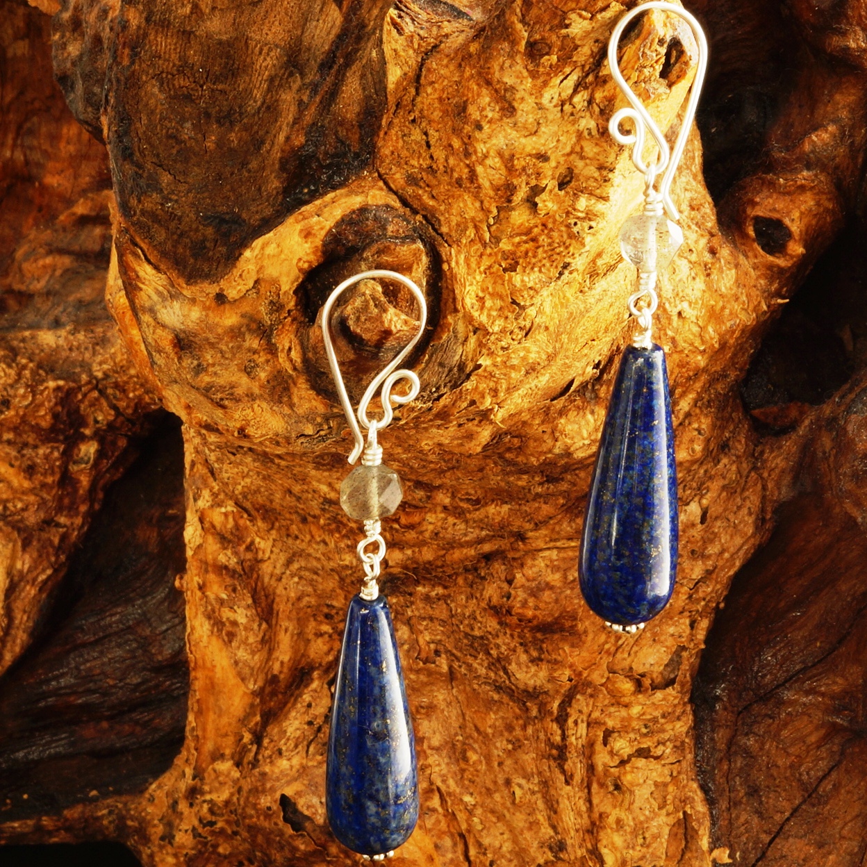 Handmade Sterling Silver Labradorite Lapis Lazuli Earrings 02