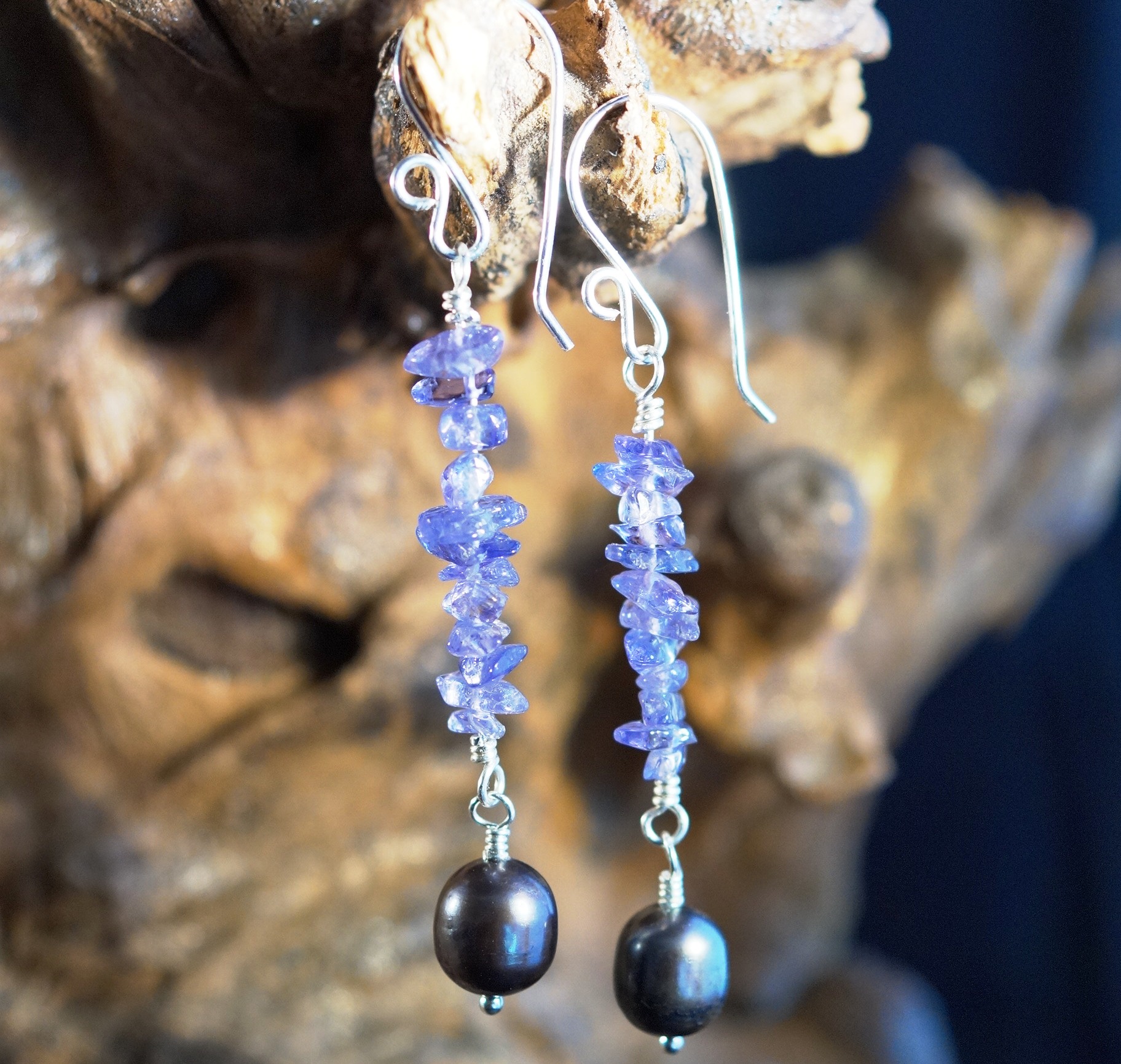 Handmade Sterling Silver Tanzanite Freshwater Pearl Earrings