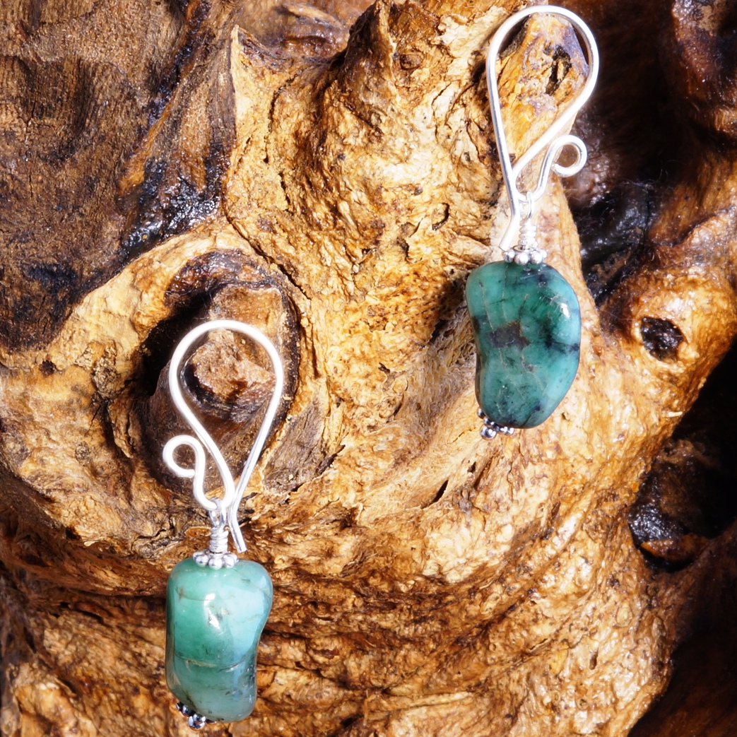 Handmade Sterling Silver Emerald Nugget Earrings