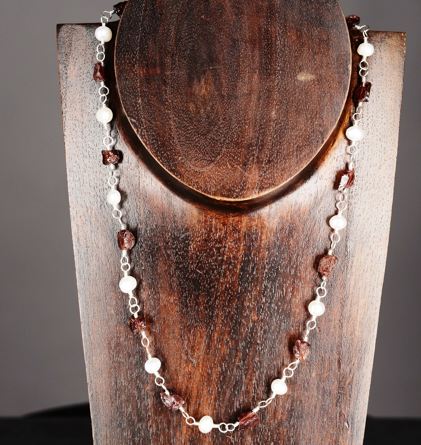 Handmade Sterling Silver Raw Garnet and Freshwater Pearl Necklace