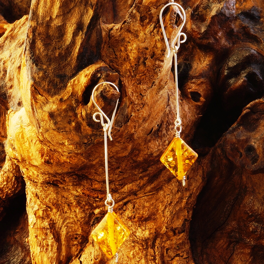 Handmade Suspended Amber Diamond Sterling Silver earrings