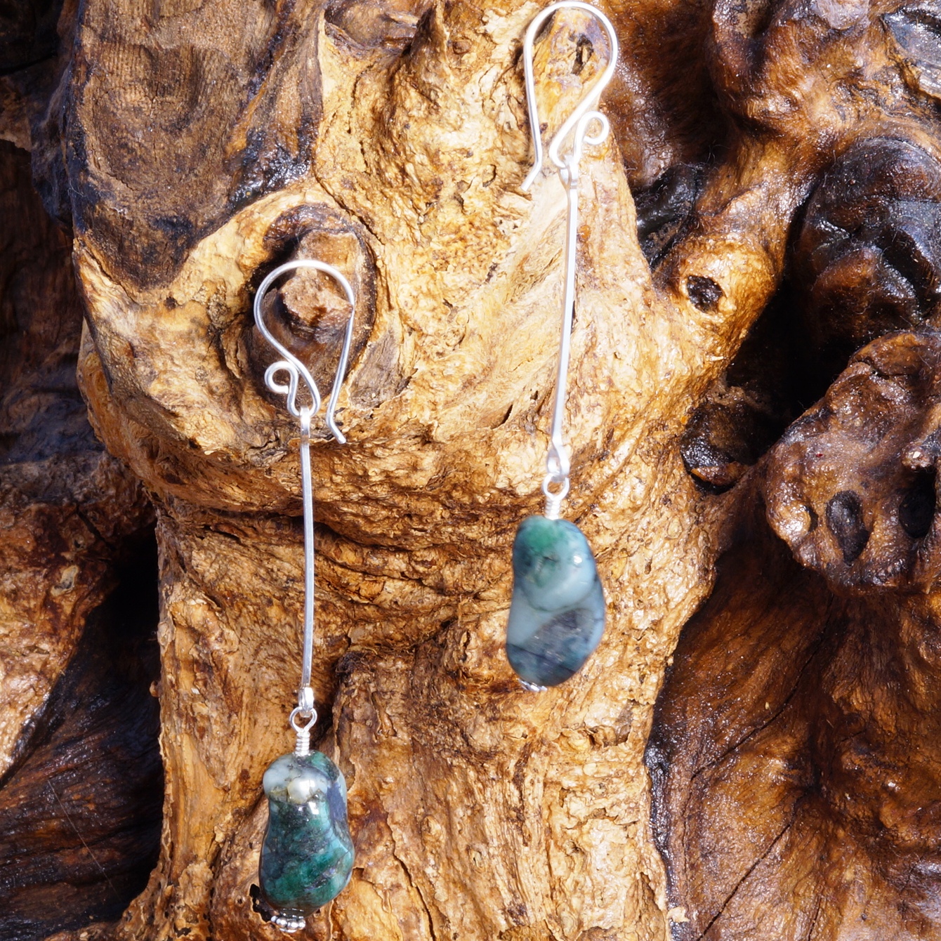 Handmade Sterling Silver Long Natural Emerald Earrings