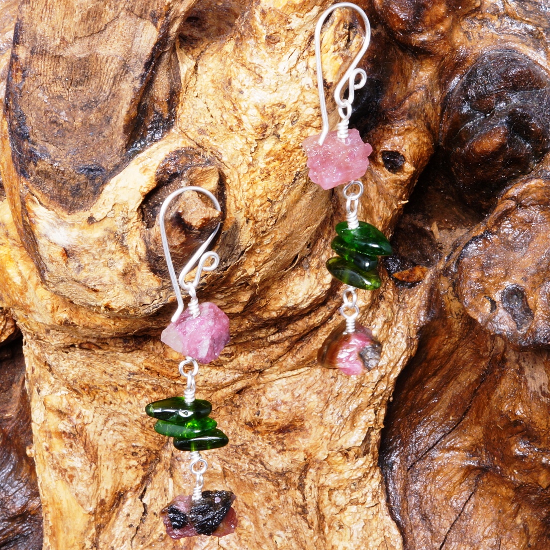 Handmade Sterling Silver Pink Tourmaline Chrome Diopside Earrings