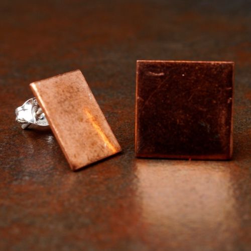 Handcrafted asymmetric rectangle square recycled copper studs with sterling silver earposts and back