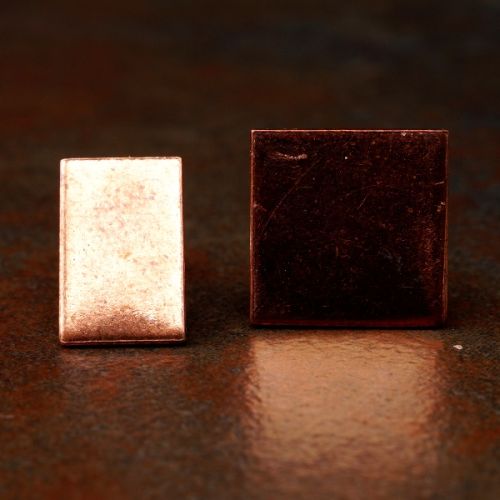 Handcrafted asymmetric rectangle square recycled copper studs with sterling silver earposts and back