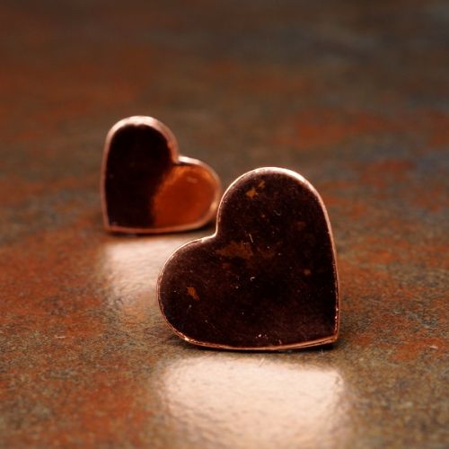 Handcrafted recycled copper asymmetric heart studs with sterling silver earposts and backs