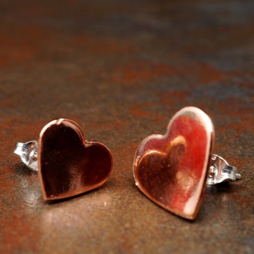 Handcrafted recycled copper asymmetric heart studs with sterling silver earposts and backs