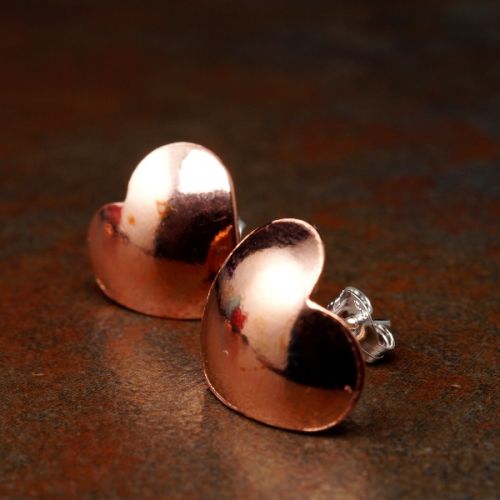 Handcrafted recycled domed copper heart studs with sterling silver earposts and backs