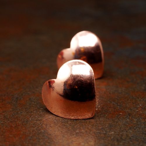 Handcrafted recycled domed copper heart studs with sterling silver earposts and backs