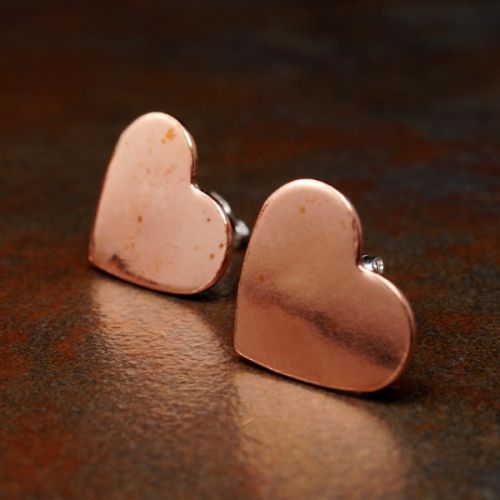Handcrafted recycled copper large heart studs with sterling silver earposts and back