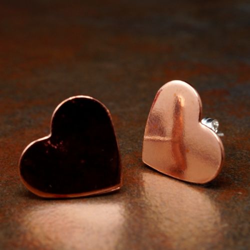 Handcrafted recycled copper large heart studs with sterling silver earposts and back