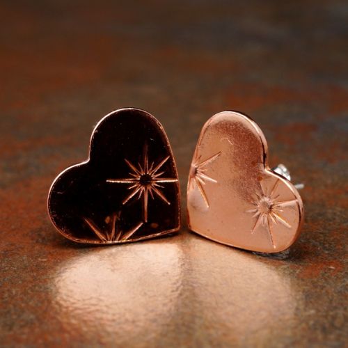 Handcrafted recycled copper star stamped heart studs with sterling silver earposts and backs