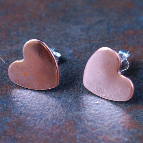 Classic Handmade Copper Heart Studs with sterling silver ear posts and scrolls