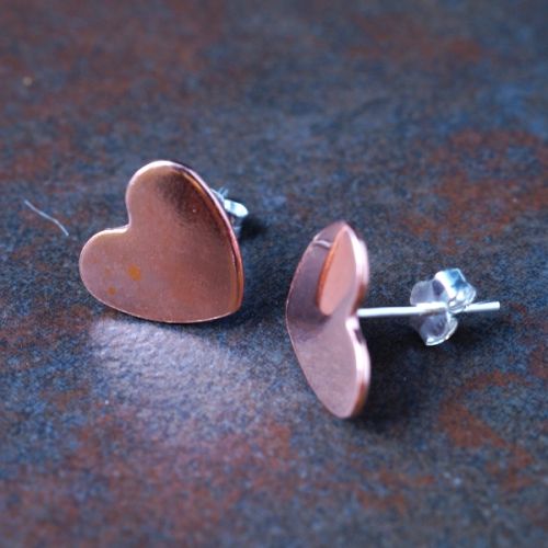 Classic Handmade Copper Heart Studs with sterling silver ear posts and scrolls
