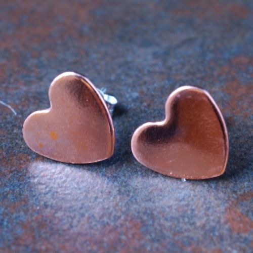Classic Handmade Copper Heart Studs with sterling silver ear posts and scrolls