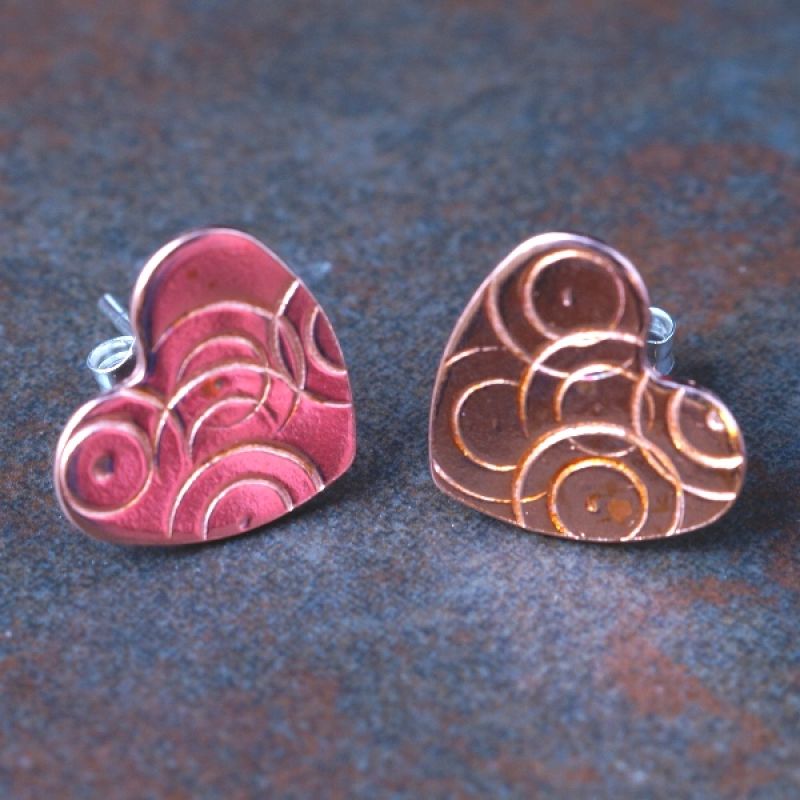Handmade Stamped Copper Heart Studs with sterling silver ear posts and scrolls