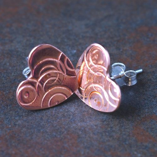 Handmade Stamped Copper Heart Studs with sterling silver ear posts and scrolls