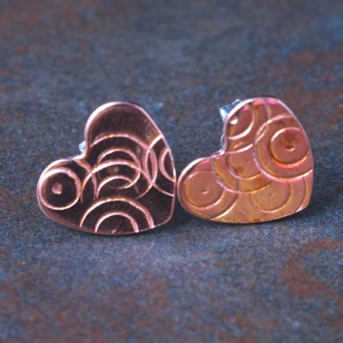 Handmade Stamped Copper Heart Studs with sterling silver ear posts and scrolls