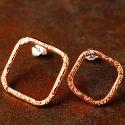 Handcrafted asymmetric textured diamond recycled copper wire studs with sterling silver earposts and