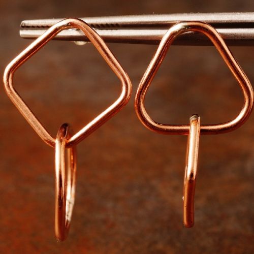 Handcrafted large asymmetric geometric recycled copper wire studs with sterling silver earposts 