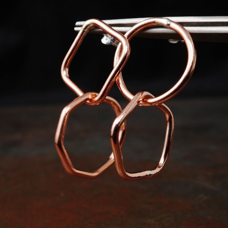 Handcrafted large contemporary asymmetric geometric recycled copper wire studs with sterling silver 