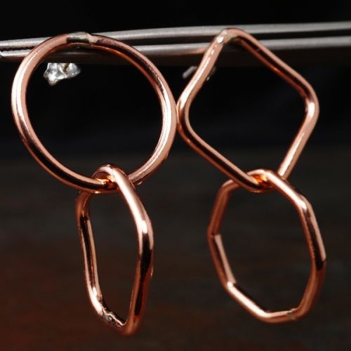 Handcrafted large contemporary asymmetric geometric recycled copper wire studs with sterling silver 