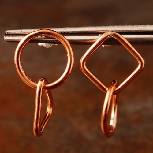 Handcrafted small asymmetric geometric recycled copper wire studs with sterling silver earposts 