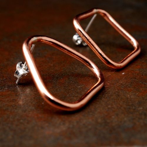 Handcrafted asymmetric diamond rectangle recycled copper wire studs with sterling silver earposts an