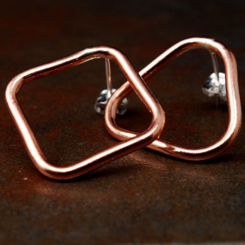 Handcrafted asymmetric diamond rectangle recycled copper wire studs with sterling silver earposts an