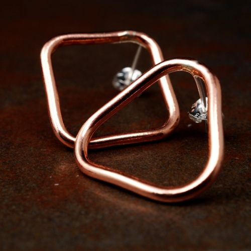 Handcrafted asymmetric diamond rectangle recycled copper wire studs with sterling silver earposts an
