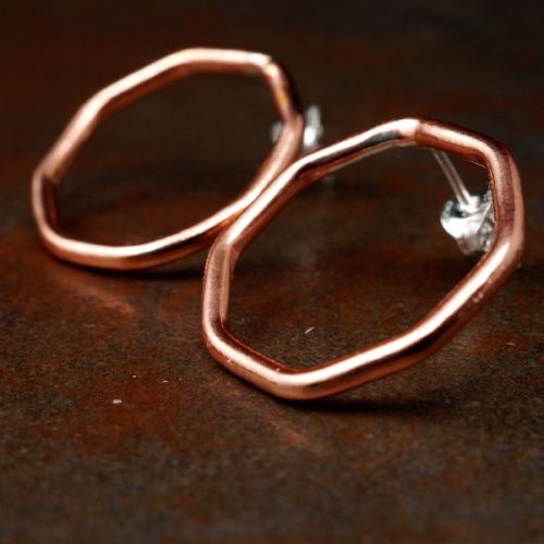 Handcrafted octagonal recycled copper wire studs with sterling silver earposts and scrolls