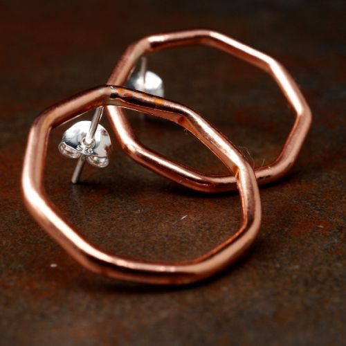Handcrafted octagonal recycled copper wire studs with sterling silver earposts and scrolls