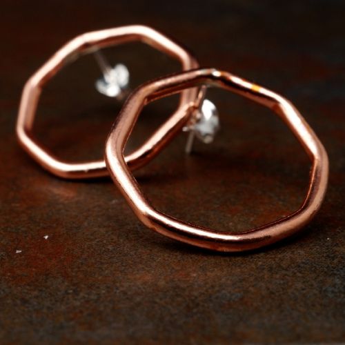 Handcrafted octagonal recycled copper wire studs with sterling silver earposts and scrolls