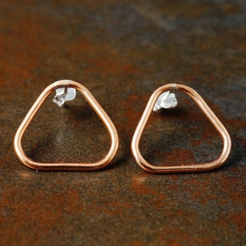 Handcrafted triangular recycled copper wire studs with sterling silver earposts and scrolls
