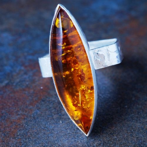 Handcrafted Marquis Amber Sterling Silver Bezel Set Textured Hexagonal Ring 01
